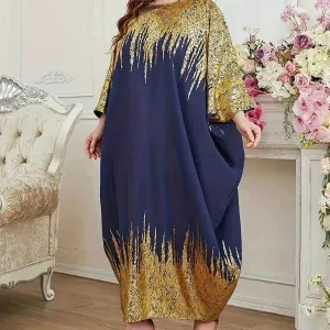 Fashion Embellish Fancy Abaya Middle East Print Color Contrast Patchwork Bat Sleeve Width Loose Summer Long Sleeve Dress Comfort Layer Elegant Layer