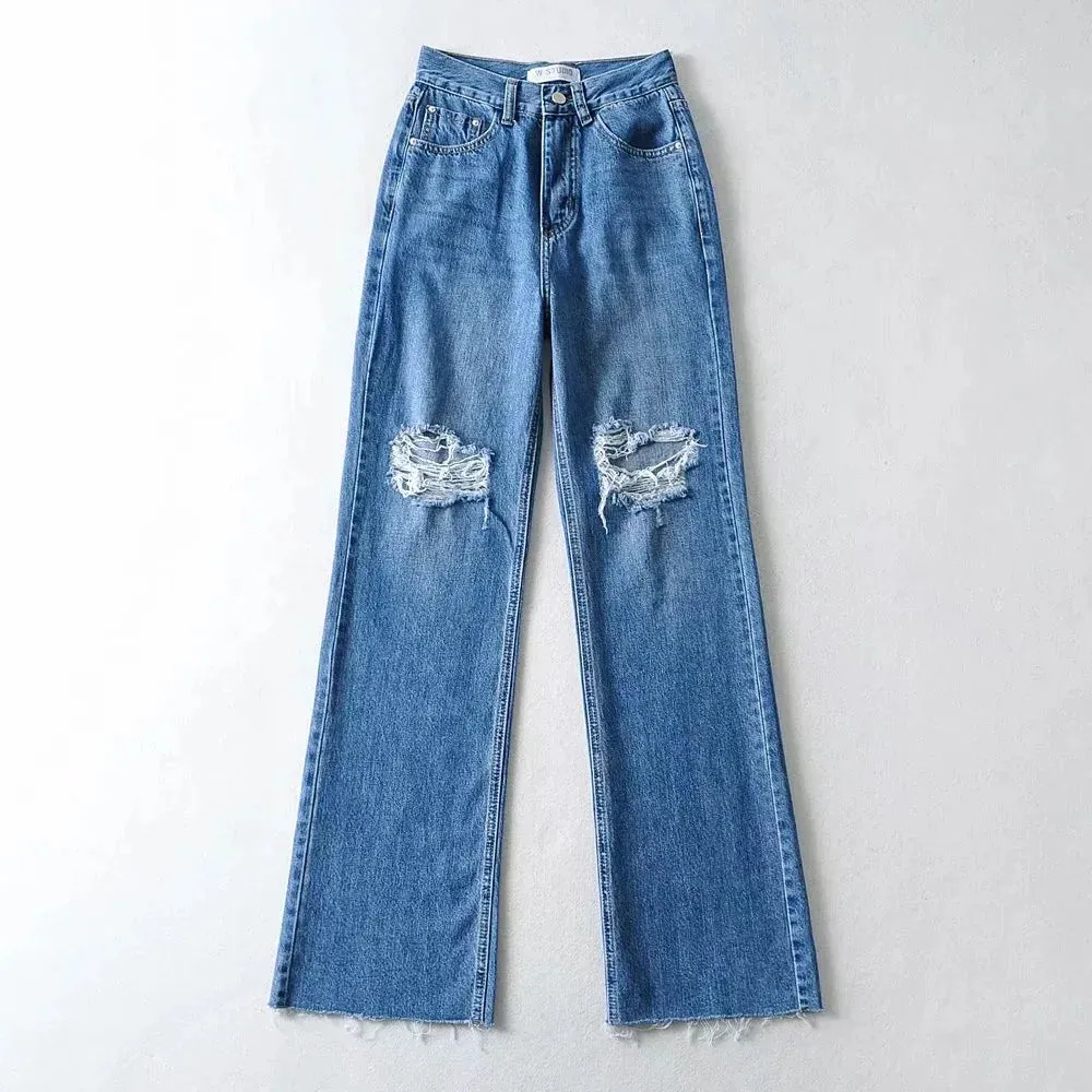 Ripped Wide Leg Women High Waist Blue Casual Cotton Denim Trousers Womens Fit Jeans WaterRepellent