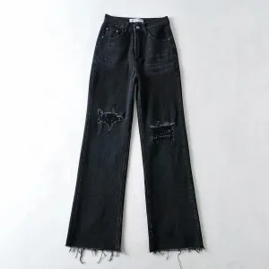 Summer Wear Party Ready Ripped Wide Leg Women High Waist Blue Casual Cotton Denim Trousers Womens Fit Jeans