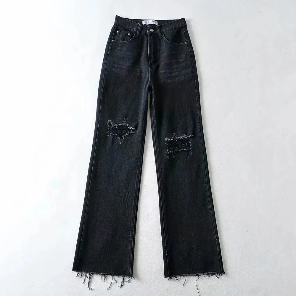 Summer Wear Party Ready Ripped Wide Leg Women High Waist Blue Casual Cotton Denim Trousers Womens Fit Jeans