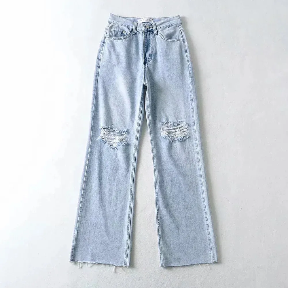 Fashion Forward Leader Fit Ripped Wide Leg Women High Waist Blue Casual Cotton Denim Trousers Womens Fit Jeans
