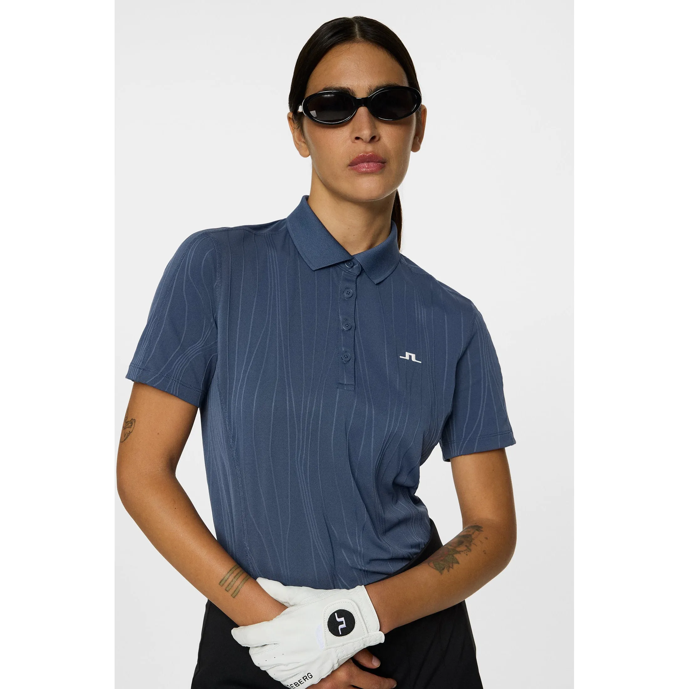 J.Lindeberg Women's Izara Golf Polo Shirt - Vintage Indigo Layered Hem Details LowMaintenanceFabric
