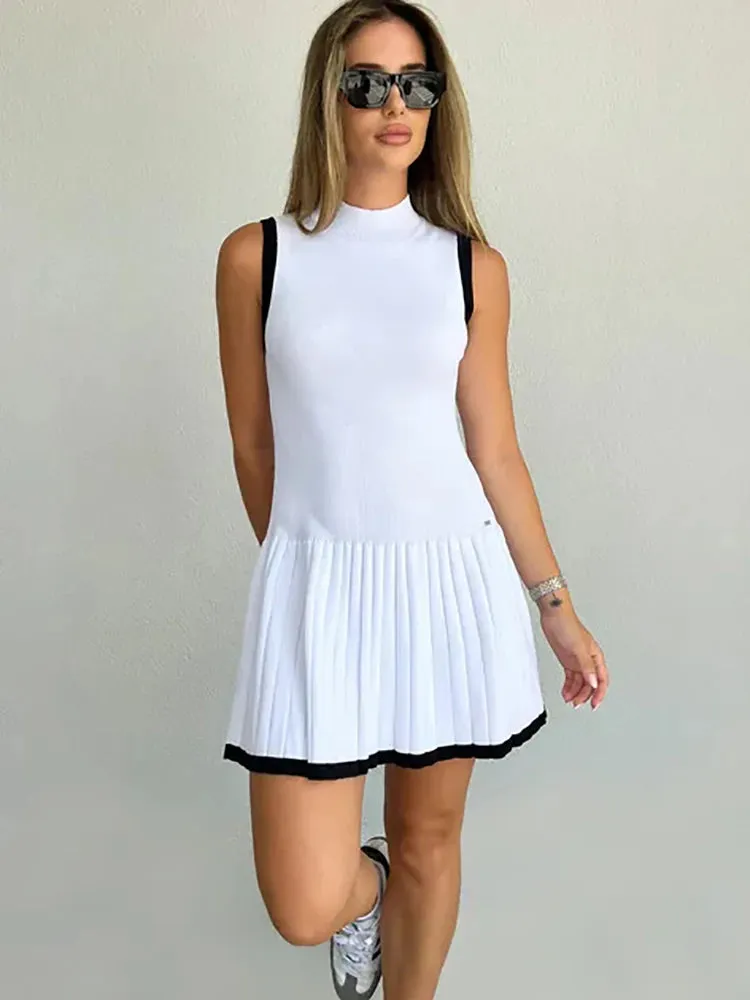 Knitted Sexy Round Neck Pleated Women Sleeveless Dress Chic Silhouette