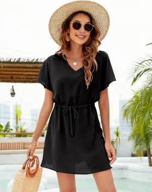 Dolman Sleeves Dress Summer Printed Drawstring V-Neck Beach Dresses For Women Multi Season Shine Dressy