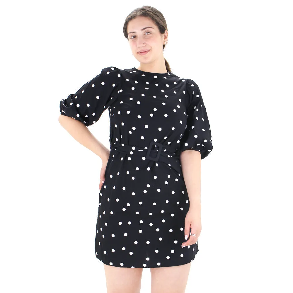 Lower Hem Coastal Chic Women's Belted Polka Dots Mini Dress,Black