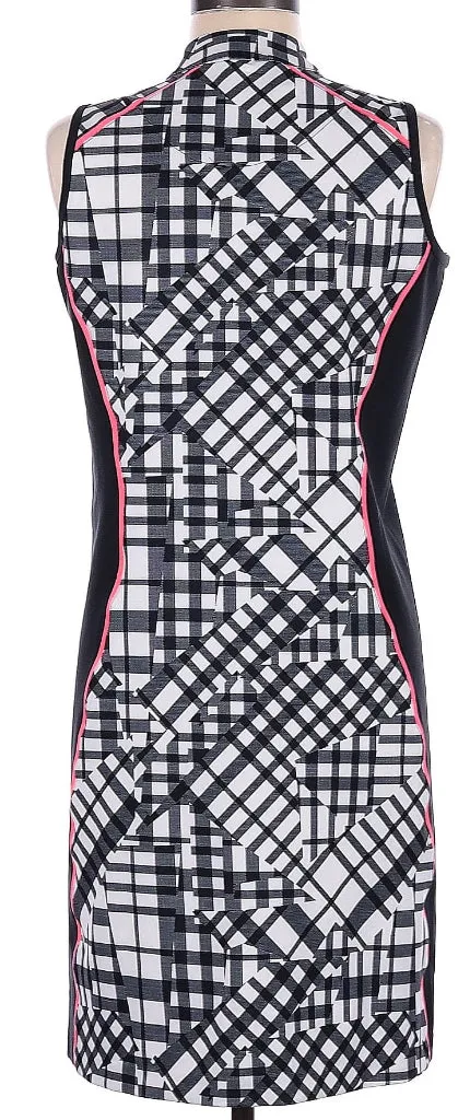Feminine Energy Easy Tones Women's Tail Black & White Plaid Sleeveless Golf Dress with Pink Accents MSP$98