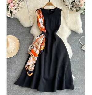 Relaxed Waistband Wrap Glow Printed Long Standing Collar Summer Fashion Pleated Long Elegant Casual Dress