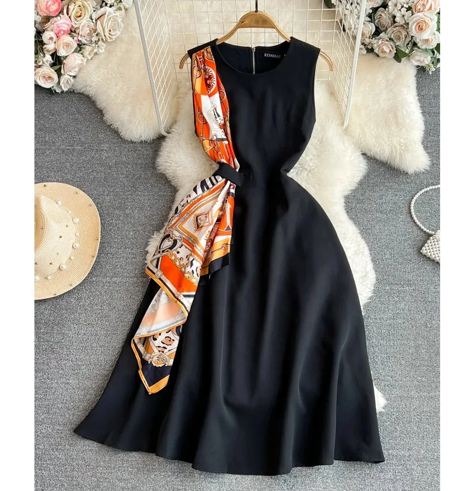 Relaxed Waistband Wrap Glow Printed Long Standing Collar Summer Fashion Pleated Long Elegant Casual Dress