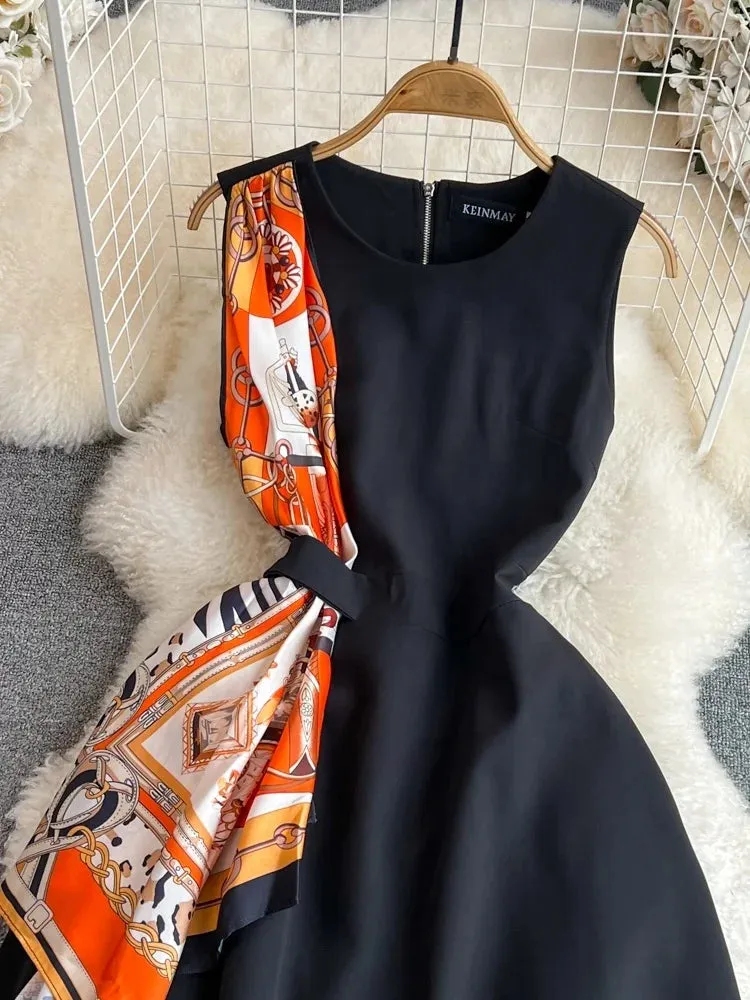 Printed Long Standing Collar Summer Fashion Pleated Long Elegant Casual Dress Theater-Night