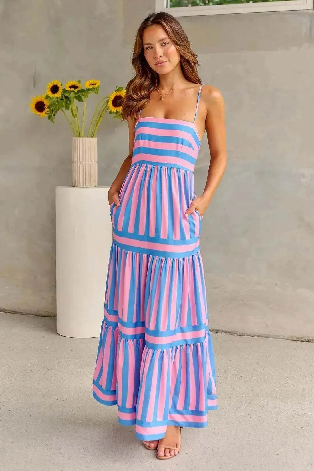 Summer Striped Printed Suspender Long Dress With Pockets Fashion Square Neck Backless Dresses For Beach Vacation Women Clothing Simple Flow Flattering Wearable