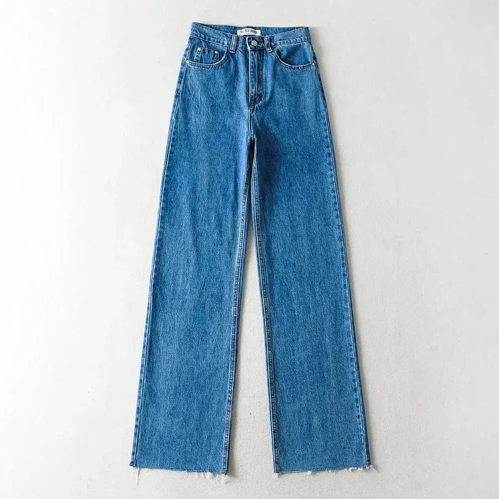 Casual High Street Clothes Autumn High Waist Slouchy Black Straight Leg Denim Trouser Wide Leg Pant Women Jeans Permanent Crease Casual Design