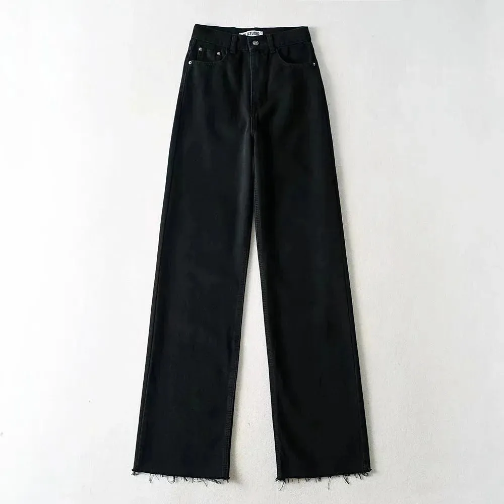 Casual High Street Clothes Autumn High Waist Slouchy Black Straight Leg Denim Trouser Wide Leg Pant Women Jeans Relaxed Jeans CompactKnit