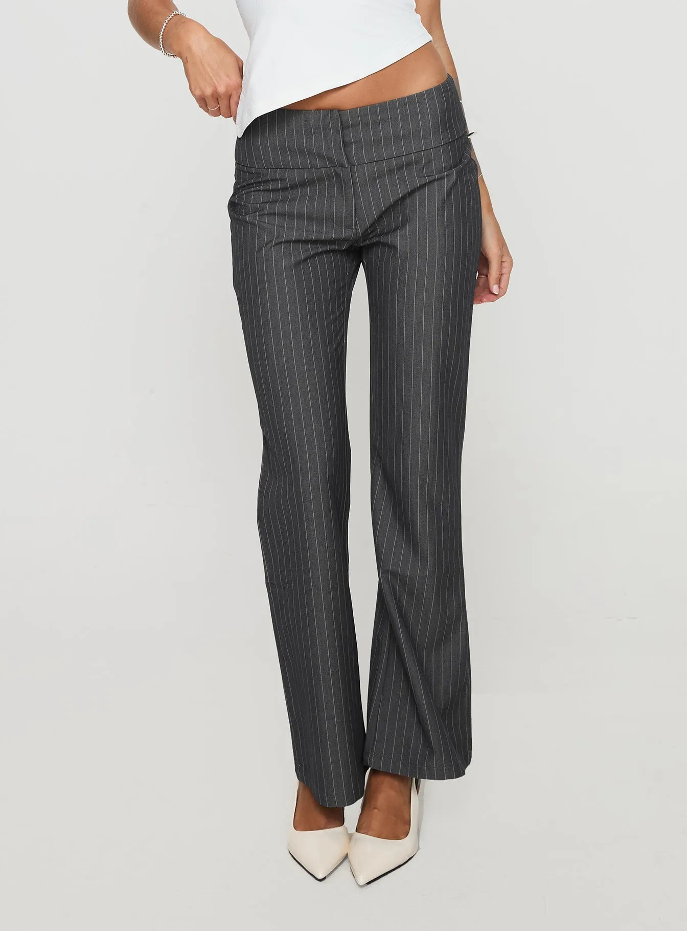 Comfy All-Day Flexible Knee Panels Isabeau Pant Grey Pinstripe