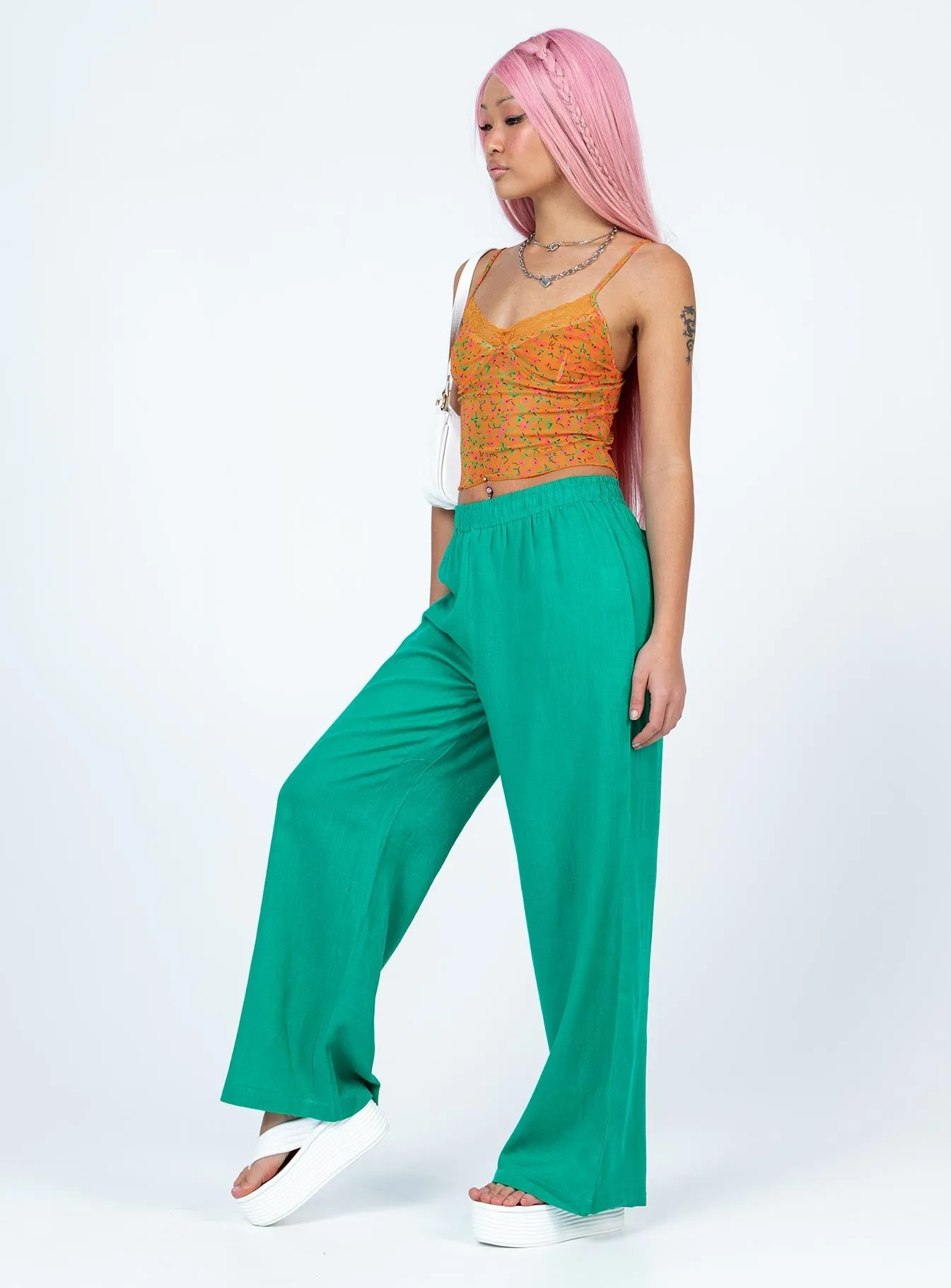 Louis Linen Blend Pants Green Breathable wear Flexible Gusset
