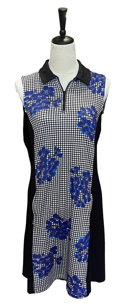 GG Blue Black Gingham Dress with Purple Flowers Size M. MSP$110 Feminine fit-and-flare silhouette
