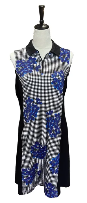 GG Blue Black Gingham Dress with Purple Flowers Size M. MSP$110 Feminine fit-and-flare silhouette