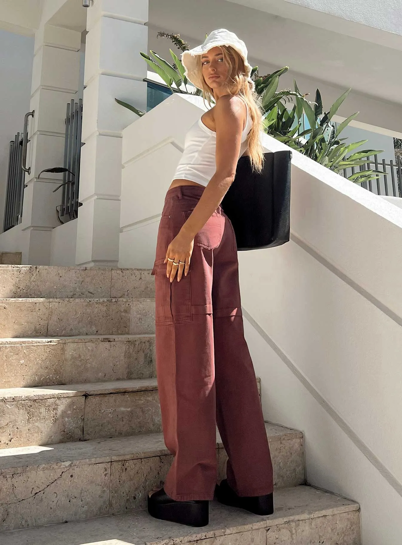 Addy Wide Leg Cargo Jeans Burgundy Four Way Stretch Casual Vibe