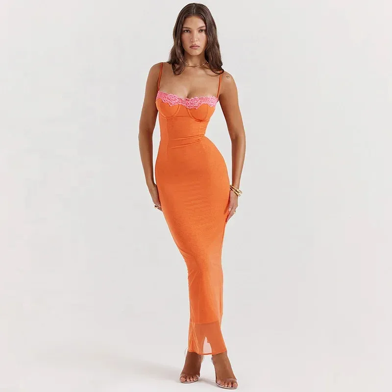 New Lace Lace Sheath Women Fashion Vacation Halter Backless Long Dresses Earth-Tone