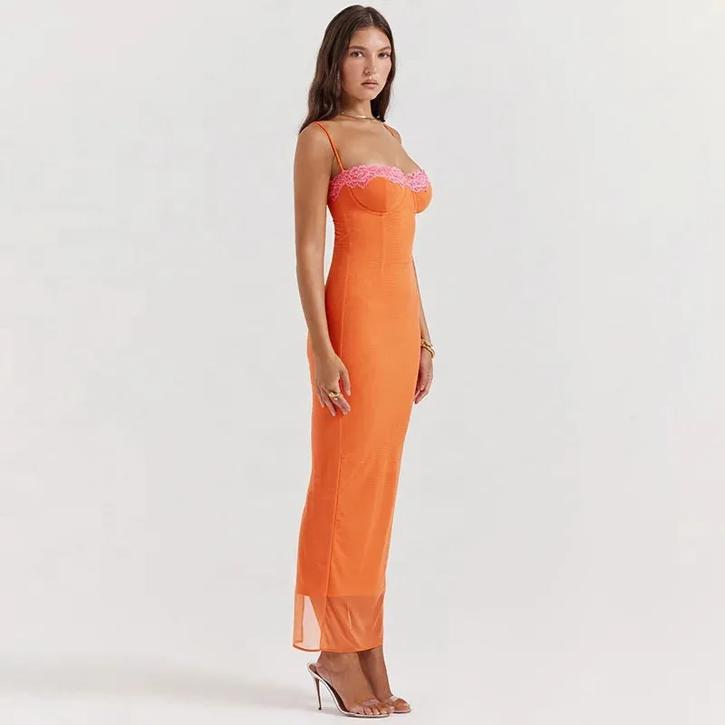 Puff-Sleeve Silky Silhouette New Lace Lace Sheath Women Fashion Vacation Halter Backless Long Dresses