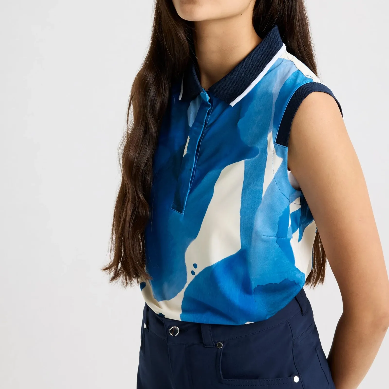 Rohnisch Women's Deni Sleeveless Golf Polo Shirt - Blue Aquarelle Train Ease