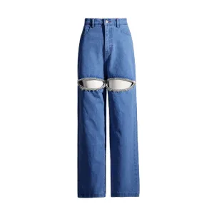 Women's Fashionable Diamond Beaded Wide-leg Jeans Airflow Vents AdjustableWaist