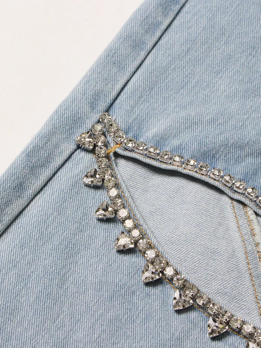 Women's Fashionable Diamond Beaded Wide-leg Jeans LowMaintenance Material Stretchable Fabric