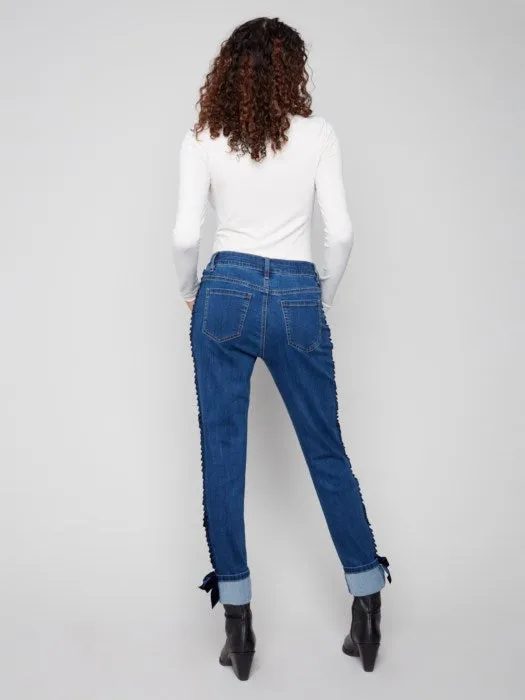 CHARLIE B SLIM LEG JEAN W/ VELVET BOW - INDIGO Layered Shirt