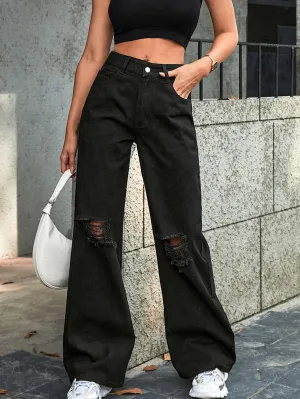 Unique Cut Fashion Holes High Waist Wide Leg Pants Casual Denim Trousers