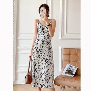 Ink Painting Print Suspender Dress Women's Spring And Summer Floral Midi dress white All weather Ombre-Effect