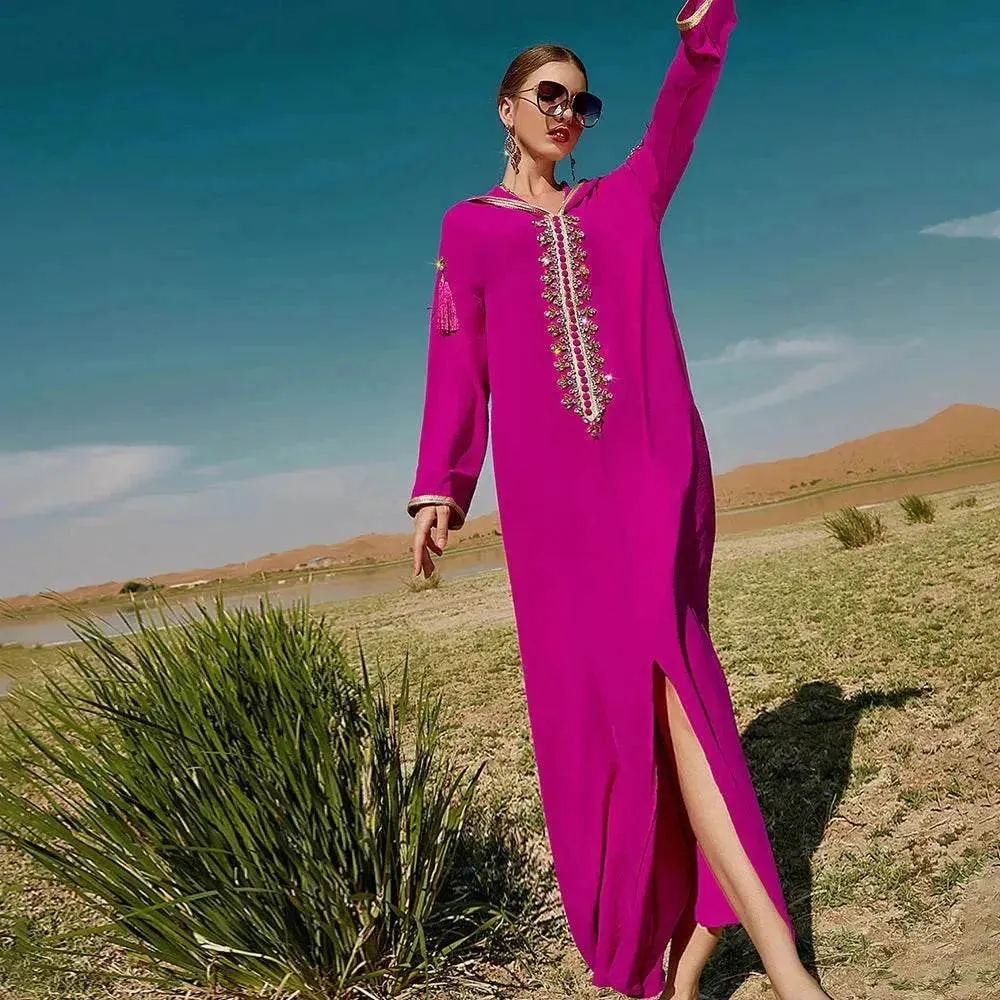 Women's Luxury Rose Red Hooded Middle East Moroccan Dubai Style Dress Fancy Embellish Summer Turkish dress Fitted waist Must Have