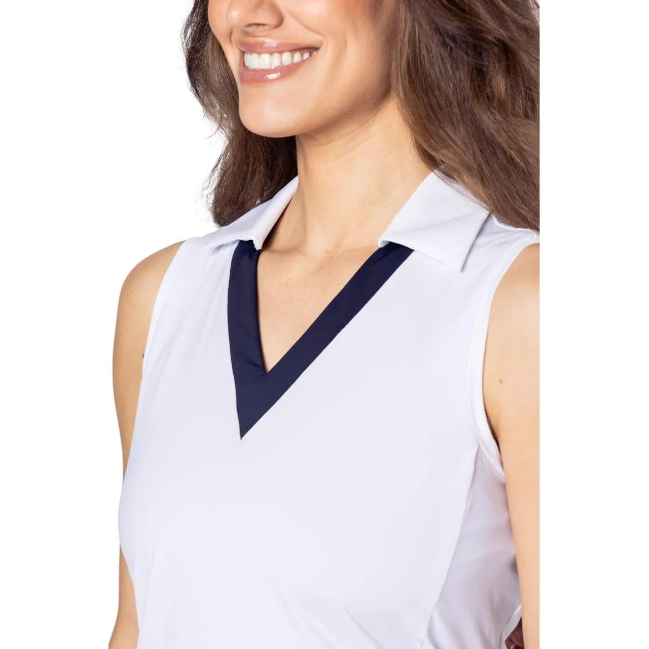 TensionAdjustedWaistband Golftini Women's Say Yes Sleeveless Golf Polo Shirt - White/Navy
