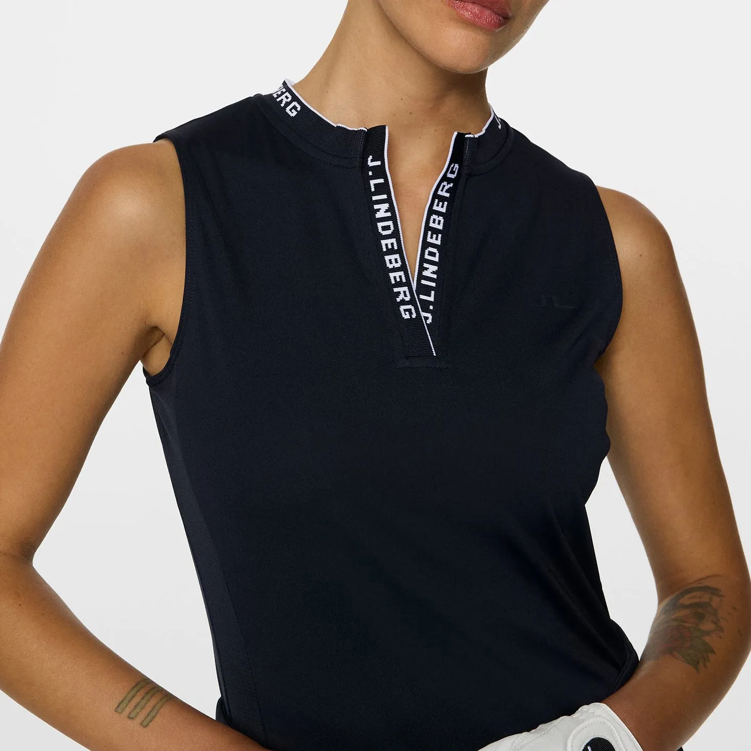 J.Lindeberg Women's Leya Sleeveless Golf Shirt - JL Navy Pearl Tone Tight Net
