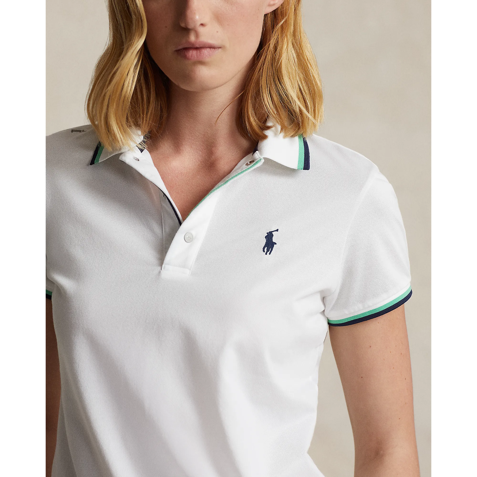 RLX Ralph Lauren Women's Tour Pique Golf Polo Shirt - Pure White/Navy/Green Skin Hug Evening Glow