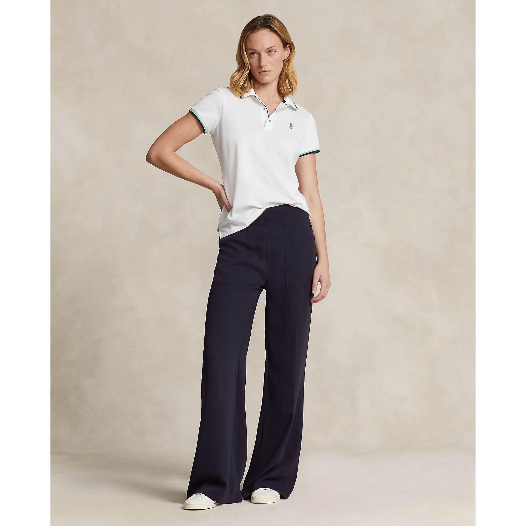 RLX Ralph Lauren Women's Tour Pique Golf Polo Shirt - Pure White/Navy/Green Fashionable Look Snow Ready