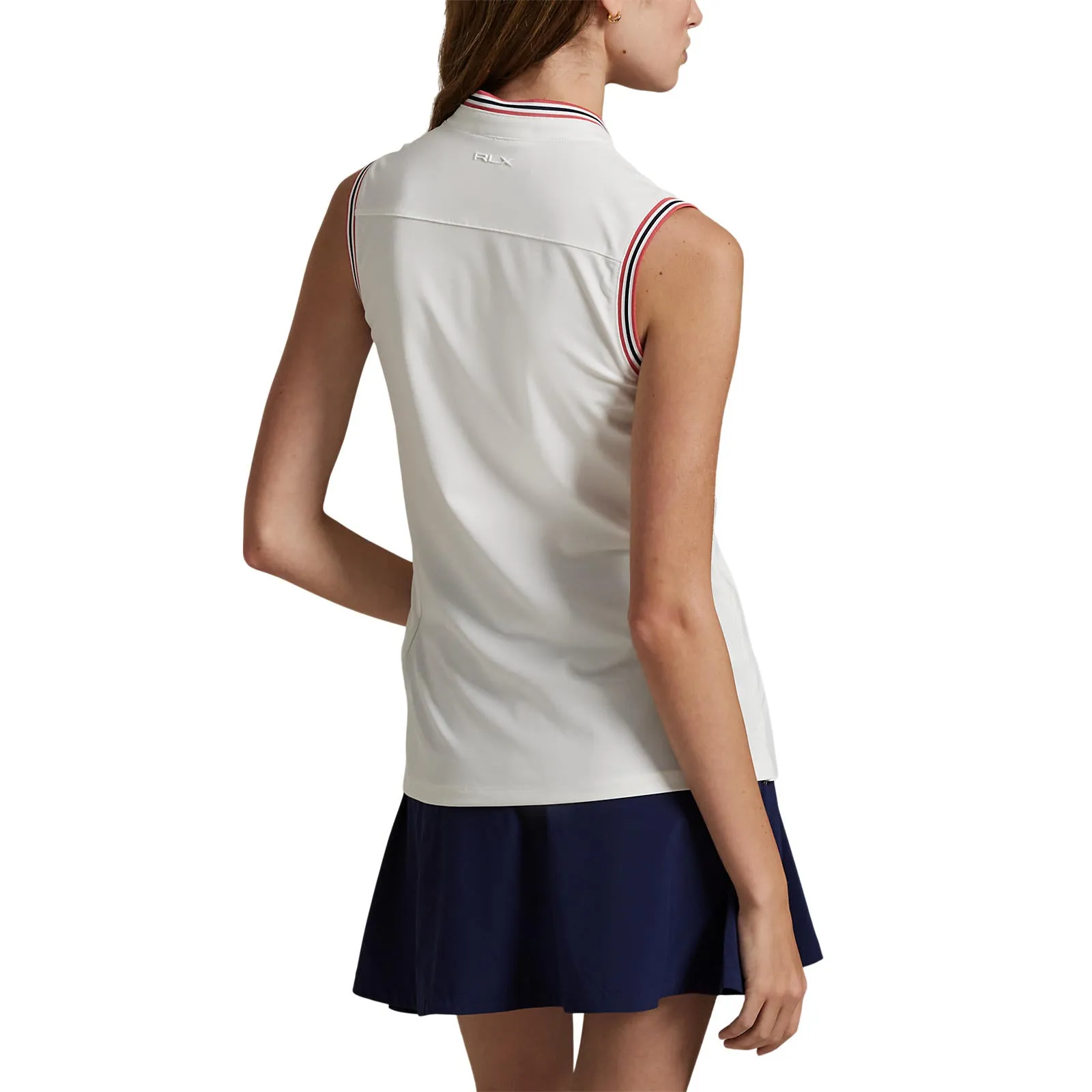 RLX Ralph Lauren Women's Tour Pique Sleeveless Stand Collar Polo - White/Sky Red DoubleStitchReinforcement