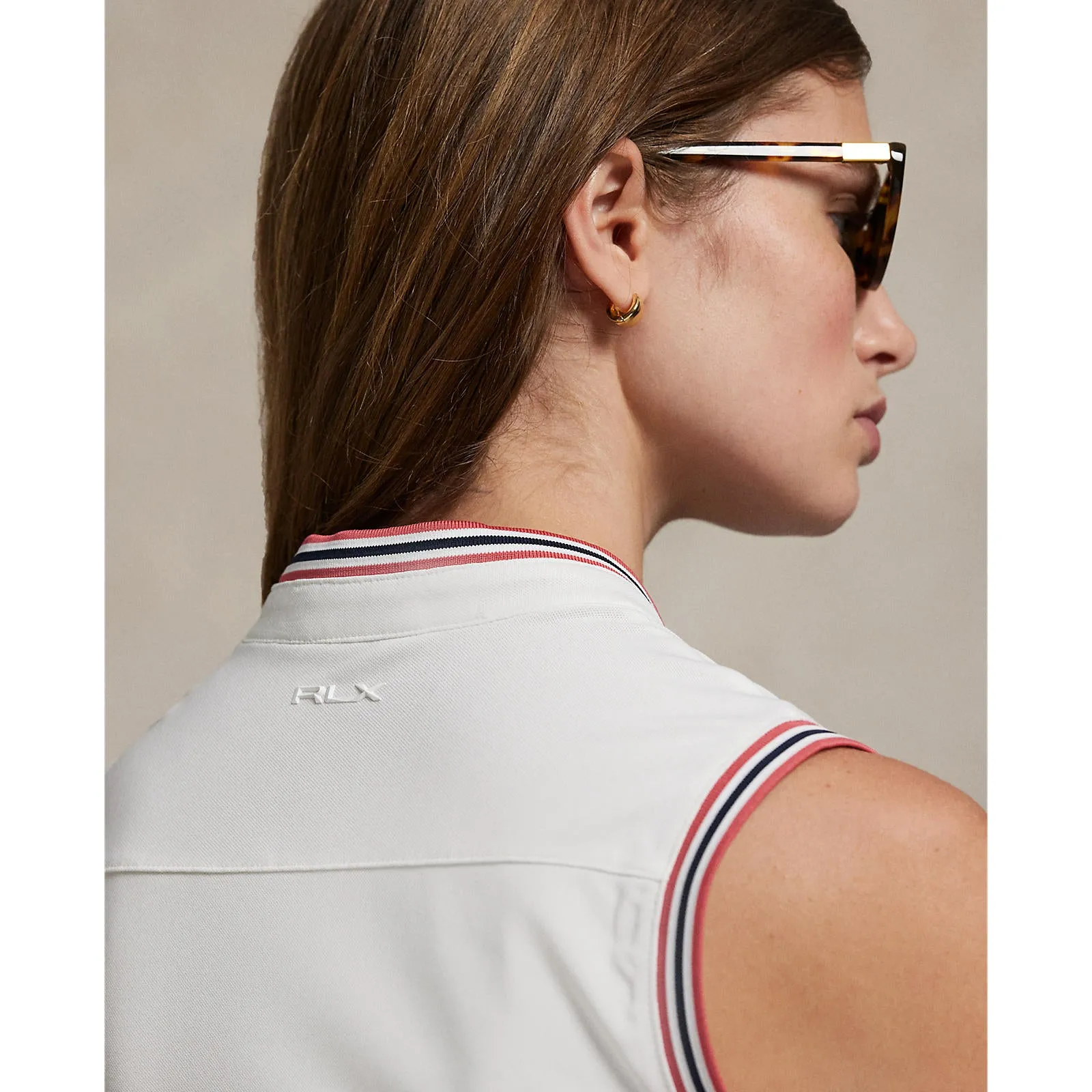 Lightweight Composite RLX Ralph Lauren Women's Tour Pique Sleeveless Stand Collar Polo - White/Sky Red