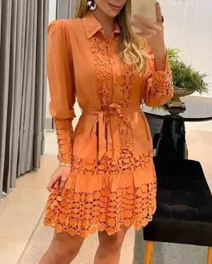 Women's Spring Autumn Dress Hollow Out Floral Solid Color Dress Lace Fine