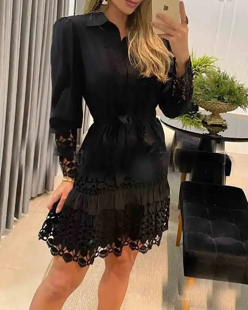 Everyday Ready Women's Spring Autumn Dress Hollow Out Floral Solid Color Dress