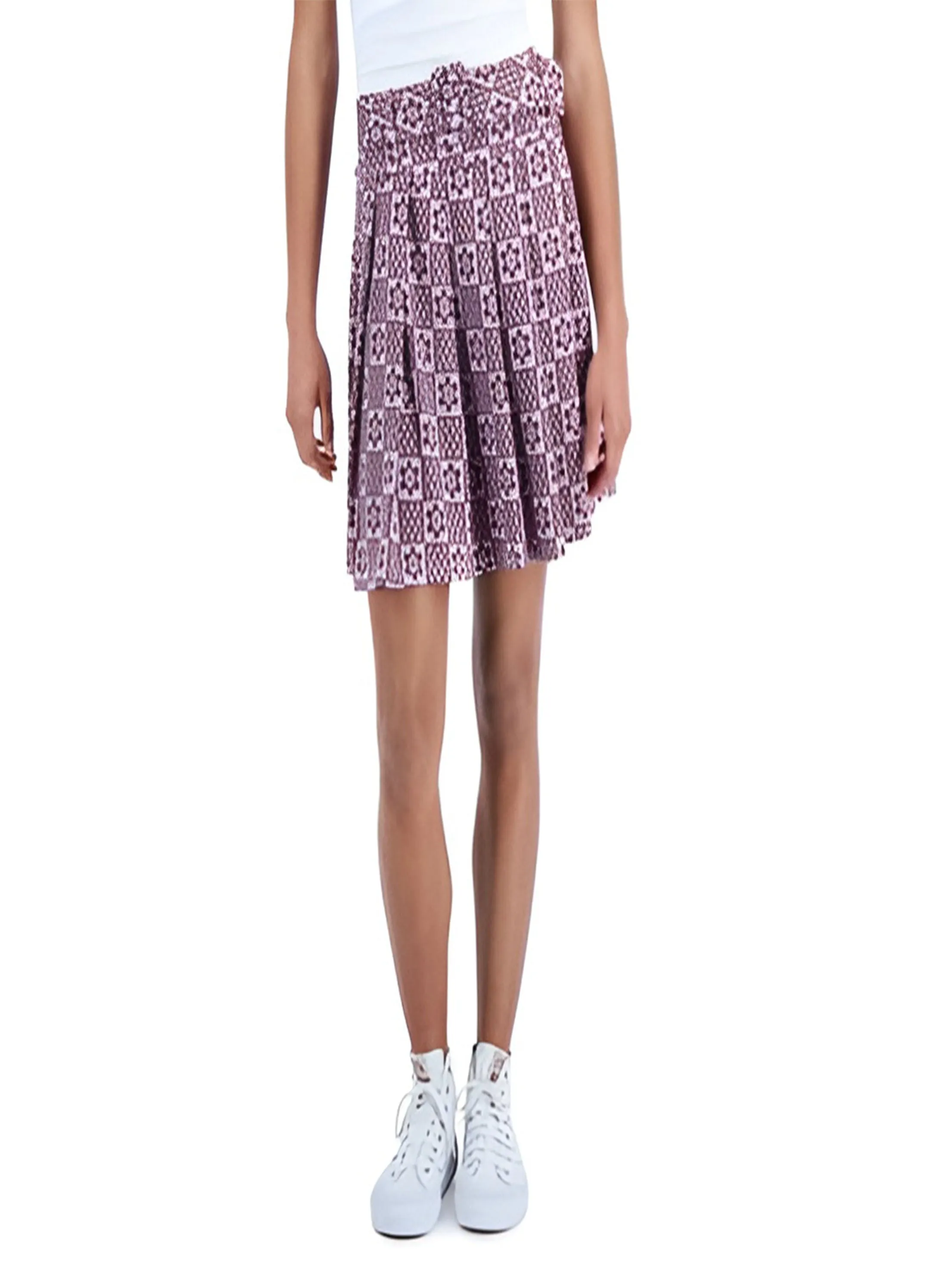Reinforced Hemline Contrast Panel Women's Belted Printed Pleated Skirt,Purple