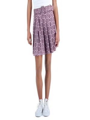 Reinforced Hemline Contrast Panel Women's Belted Printed Pleated Skirt,Purple