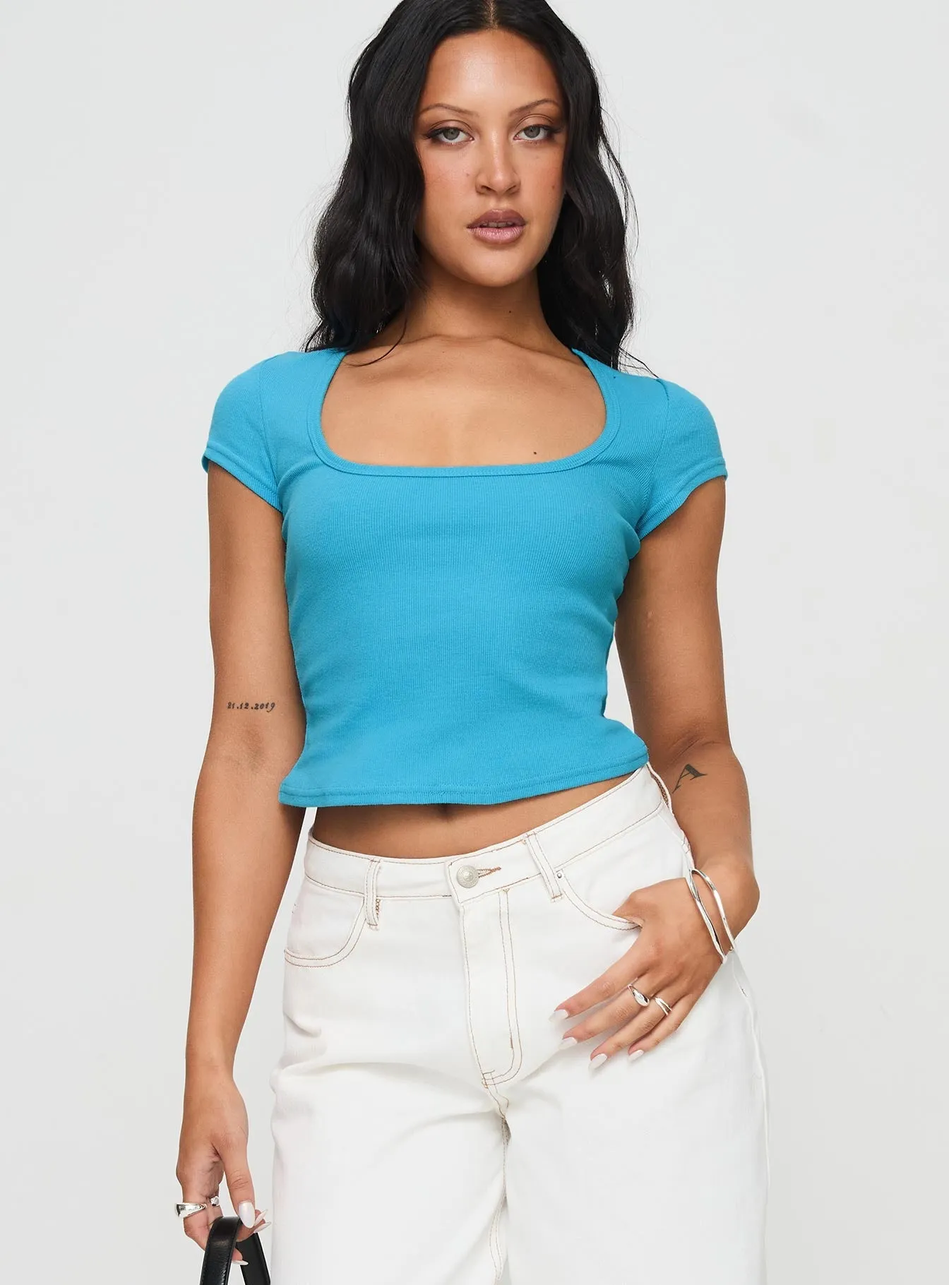 Baseline Square Neck Rib Top Blue Oversized Fit