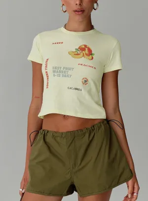 Fruit Market Tee Yellow Layered Sleeve Construction Subtle Logo Placement