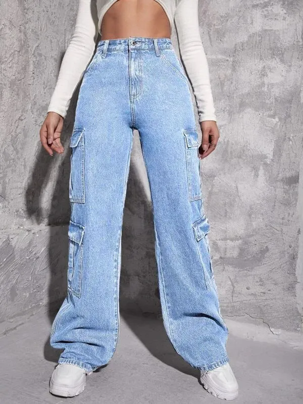 Women's Multi-bag Jeans Loose High Waist FlatlockStitching All-Weather Wear