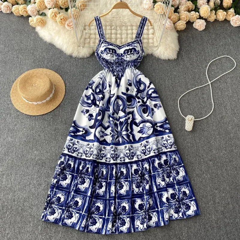 Soft Appearance Statement-Piece Sleeveless Print A-line Dress Summer Simple High Waist Maxi Dress Ladies Elegant Dresses Clothes Women Wholesale