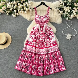Sleeveless Print A-line Dress Summer Simple High Waist Maxi Dress Ladies Elegant Dresses Clothes Women Wholesale Olive Fresh Chic Layered Wear