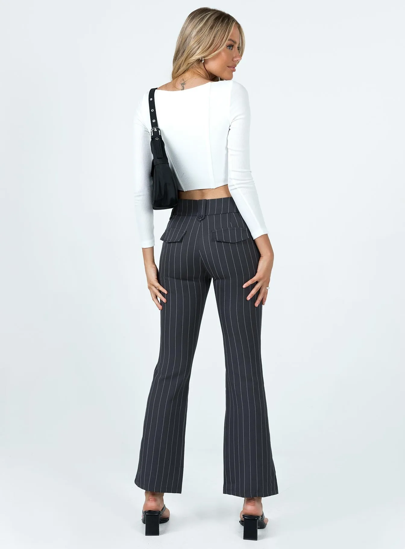 Chilly Wear Yianna Low Waist Flare Pant Grey Pinstripe