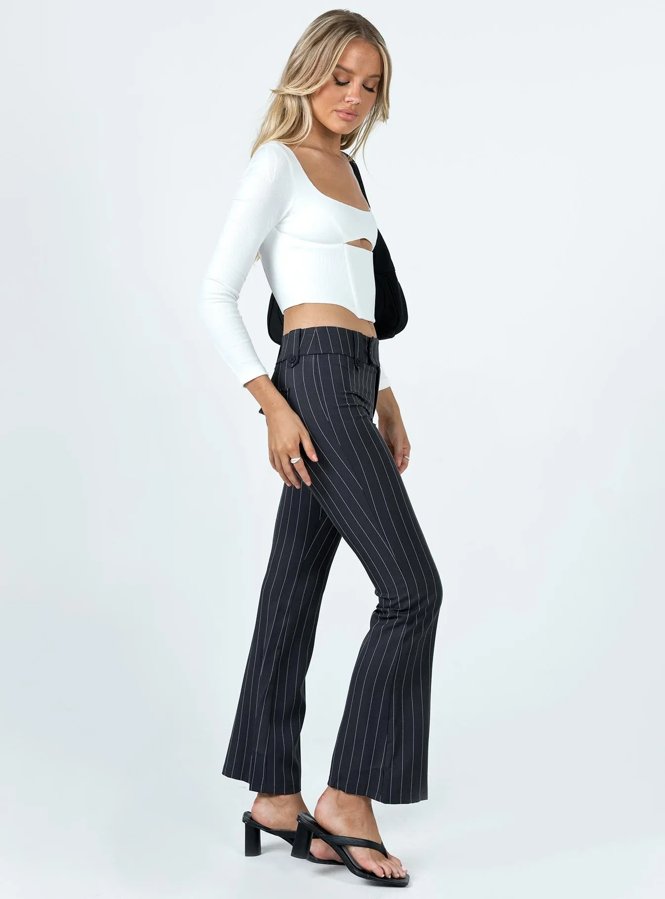 Smooth Texture Classic Fit Yianna Low Waist Flare Pant Grey Pinstripe