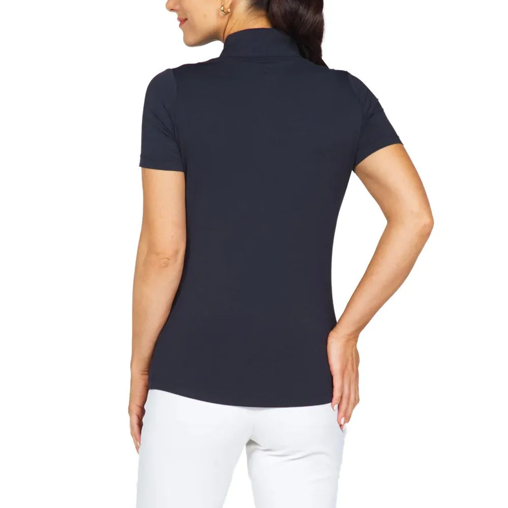 IBKUL Women's Short Sleeve Zip Mock Neck Polo - Black Athletic Wear