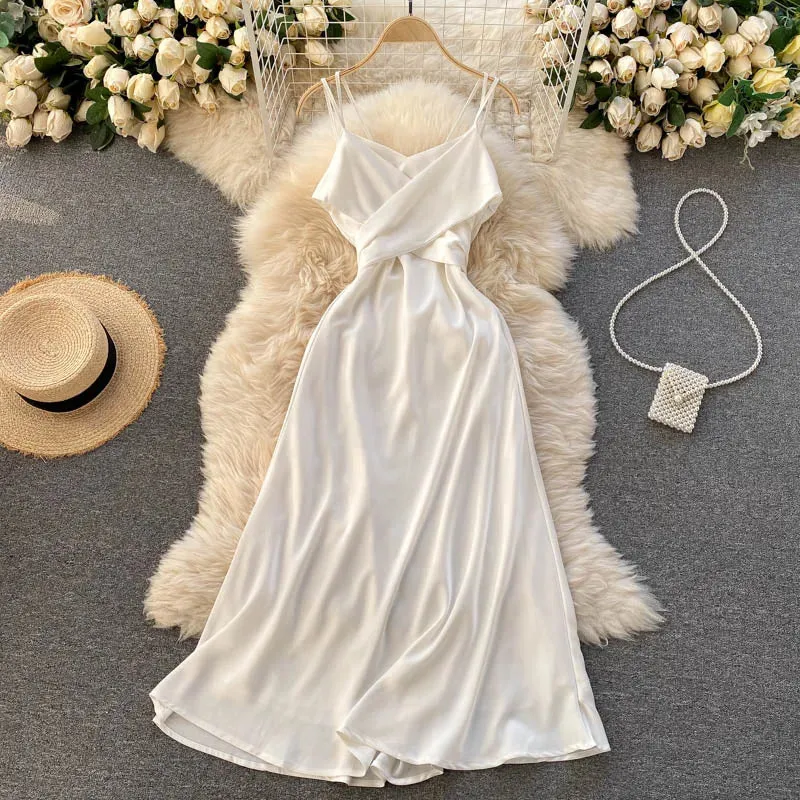 Women Ladies Beach Maxi Dress Solid V Neck Vacation Sleeveless Wrap Casual Dresses Elegant Style Chill Design