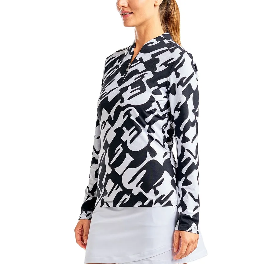 Nivo Women's Lolita UV Long Sleeve Mock Neck Golf Shirt - Black/White Ventilated Back Panel
